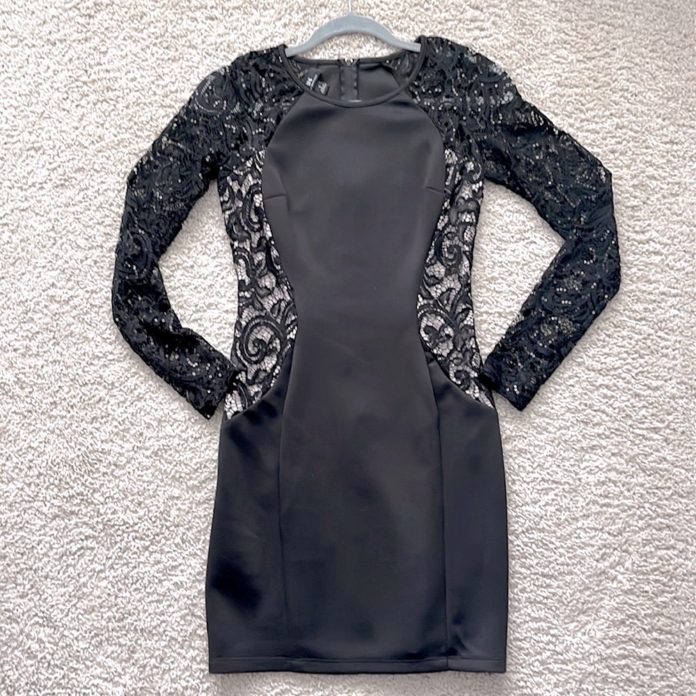 Black, mini dress with lace sleeves - size small